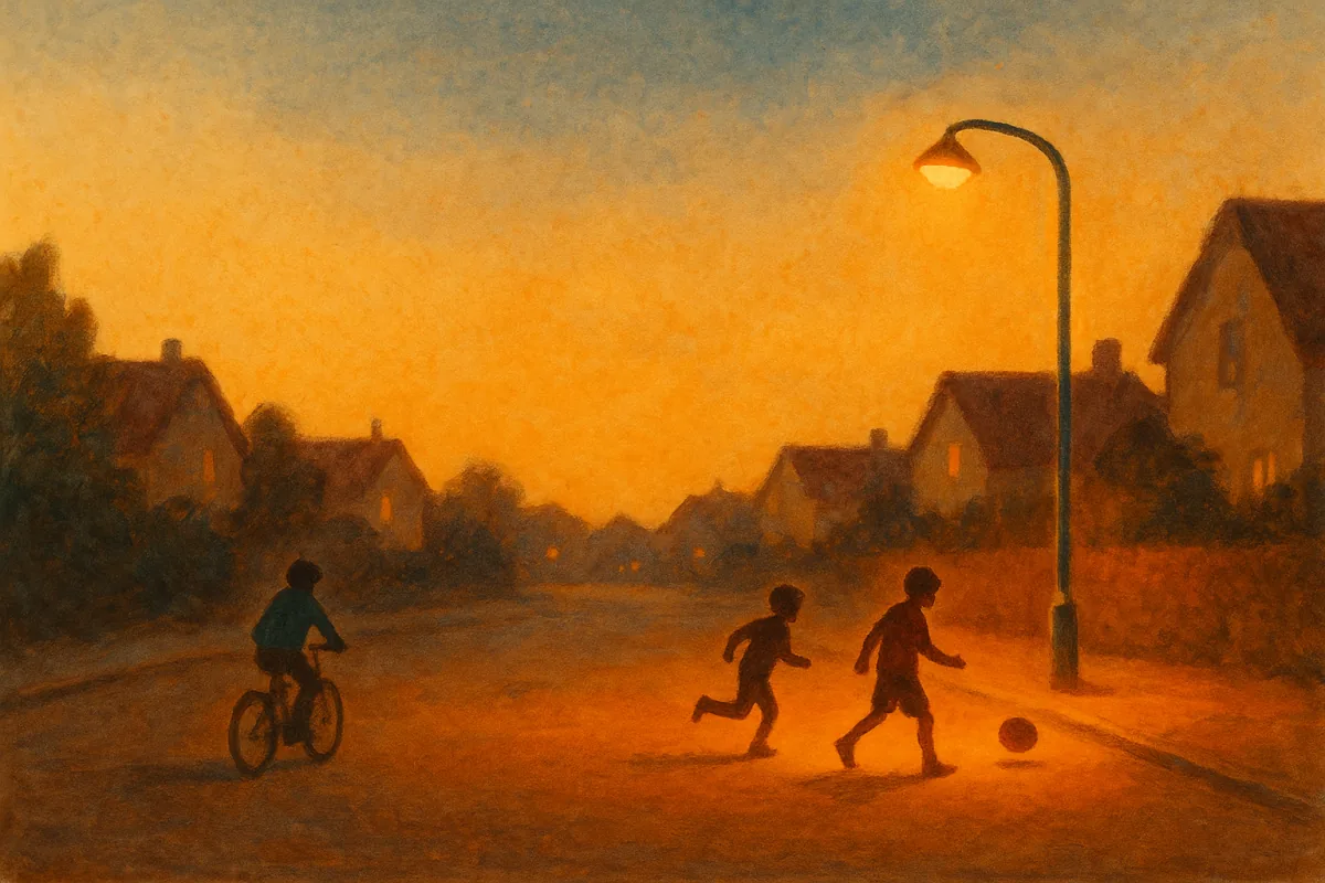 Three children playing in a quiet street at dusk under a glowing streetlamp.